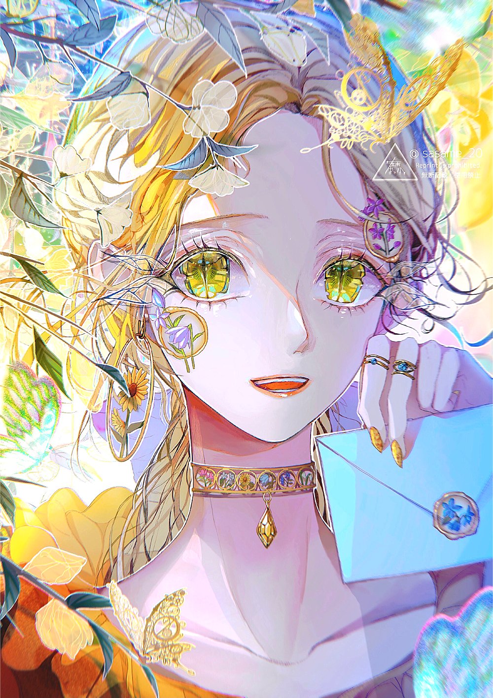 1girl blonde_hair bug butterfly choker collarbone fantasy floral_print flower gem highres holding holding_letter leaf letter long_hair looking_at_viewer open_clothes original ponytail purple_flower sasame20 slit_pupils smile sunflower upper_body white_flower yellow_butterfly yellow_eyes yellow_flower