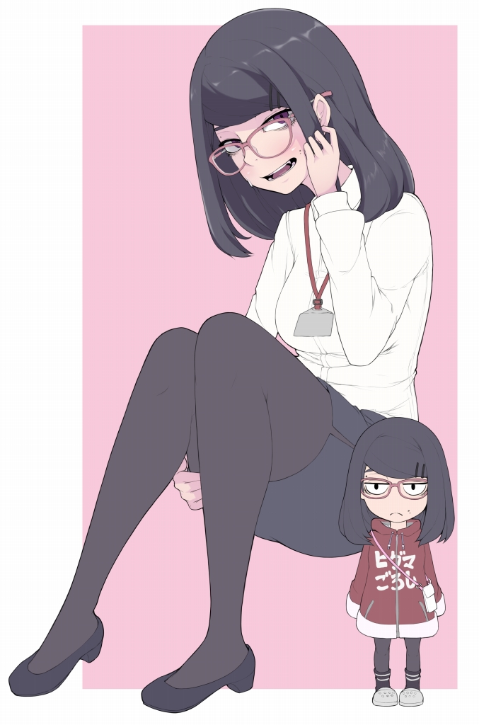 1girl black_footwear black_hair black_legwear blush breasts brown_eyes collared_shirt high_heels ina_(gokihoihoi) looking_at_viewer medium_breasts mole mole_under_mouth open_mouth original pantyhose shirt smile teeth translation_request unfinished white_shirt