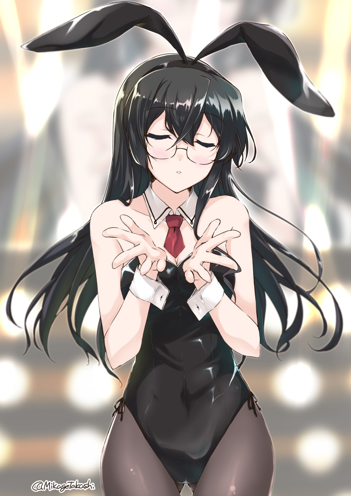 1girl animal_ears black_hair black_legwear black_leotard blush closed_eyes cowboy_shot detached_collar facing_viewer fake_animal_ears glasses hair_between_eyes kantai_collection leotard long_hair mikage_takashi ooyodo_(kancolle) pantyhose rabbit_ears solo twitter_username wrist_cuffs