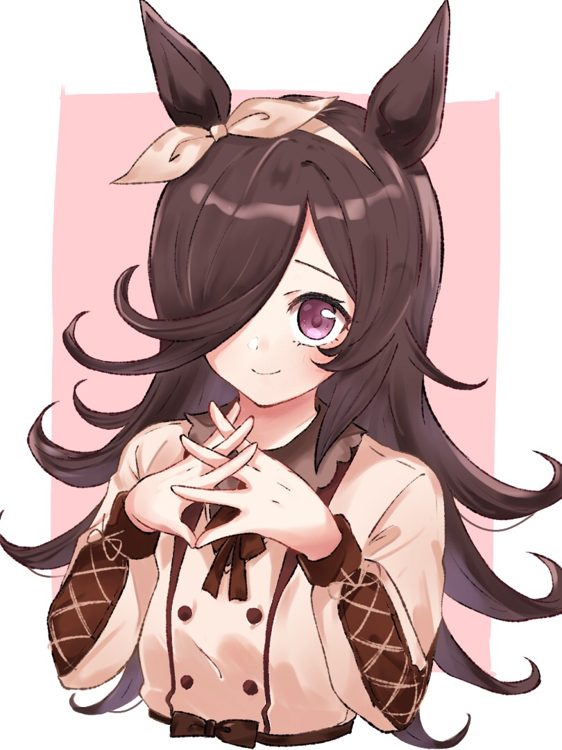 1girl animal_ears bangs black_hair brown_dress brown_hairband brown_ribbon closed_mouth collared_dress commentary_request cropped_torso dress ha_(hura76752775) hair_over_one_eye hairband hands_up horse_ears interlocked_fingers long_hair long_sleeves looking_at_viewer own_hands_together pink_background puffy_long_sleeves puffy_sleeves ribbon rice_shower_(umamusume) smile solo two-tone_background umamusume upper_body very_long_hair violet_eyes white_background