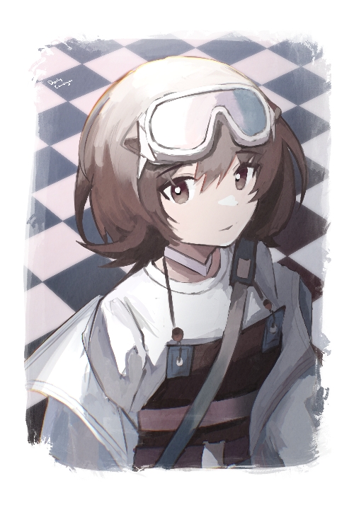 1girl arknights black_choker black_overalls border brown_eyes brown_hair checkered checkered_floor choker eyebrows_visible_through_hair genieko goggles goggles_on_head hair_between_eyes jacket looking_at_viewer off_shoulder open_clothes open_jacket roberta_(arknights) shirt short_hair solo upper_body white_border white_jacket white_shirt