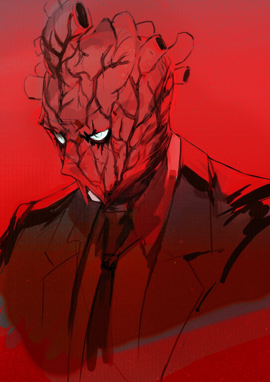 1boy blue_eyes covered_face dorohedoro heart highres jacket male_focus mask mo_(mocopo) necktie red_background red_theme sanpaku shin_(dorohedoro) simple_background solo upper_body