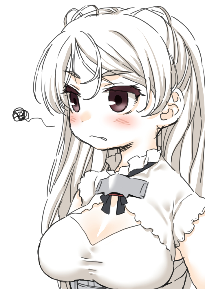 1girl bangs blush breasts clenched_teeth conte_di_cavour_(kancolle) dress eyebrows_visible_through_hair hair_between_eyes harukaze_unipo kantai_collection long_hair medium_breasts simple_background solo squiggle teeth upper_body white_background white_dress white_hair