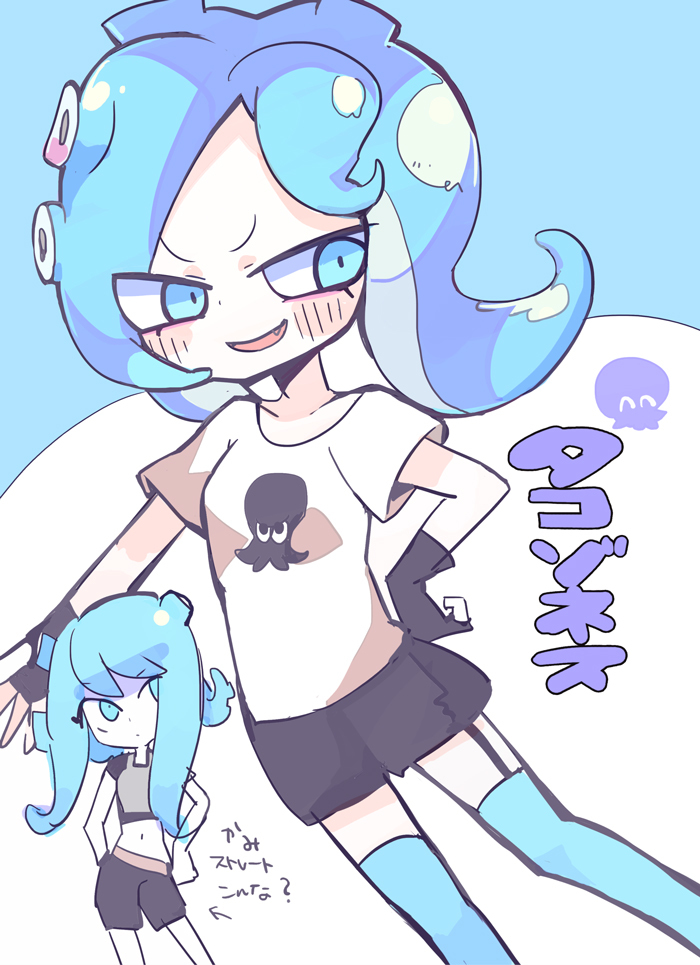 2girls black_shorts blue_background blue_eyes blue_hair blue_legwear blush hand_on_hip long_hair looking_at_another medium_hair multiple_girls navel octoling one_eye_covered open_mouth shirt shorts simple_background smile splatoon_(series) splatoon_2 splatoon_2:_octo_expansion tentacle_hair terada_tera thigh-highs white_background white_shirt