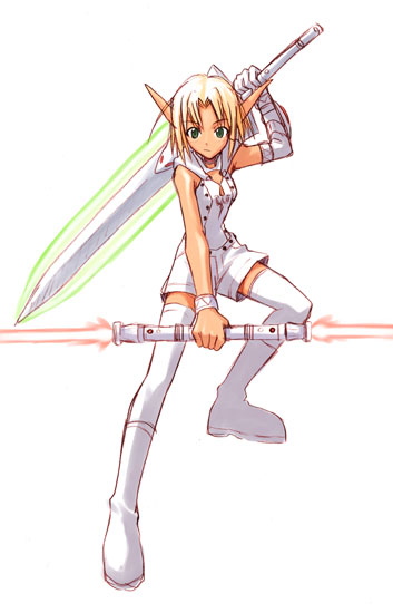 1girl blonde_hair boots bracelet commentary_request dark-skinned_female dark_skin double-blade dual_wielding elbow_gloves energy_sword gloves green_eyes holding holding_lightsaber holding_sword holding_weapon jewelry knee_boots lightsaber looking_at_viewer magi original parted_hair phantasy_star phantasy_star_online pointy_ears shirt short_hair shorts simple_background single_glove sleeveless sleeveless_shirt solo squatting sword sword_behind_back tan thigh-highs weapon white_background white_footwear white_gloves white_legwear white_shirt white_shorts zettai_ryouiki