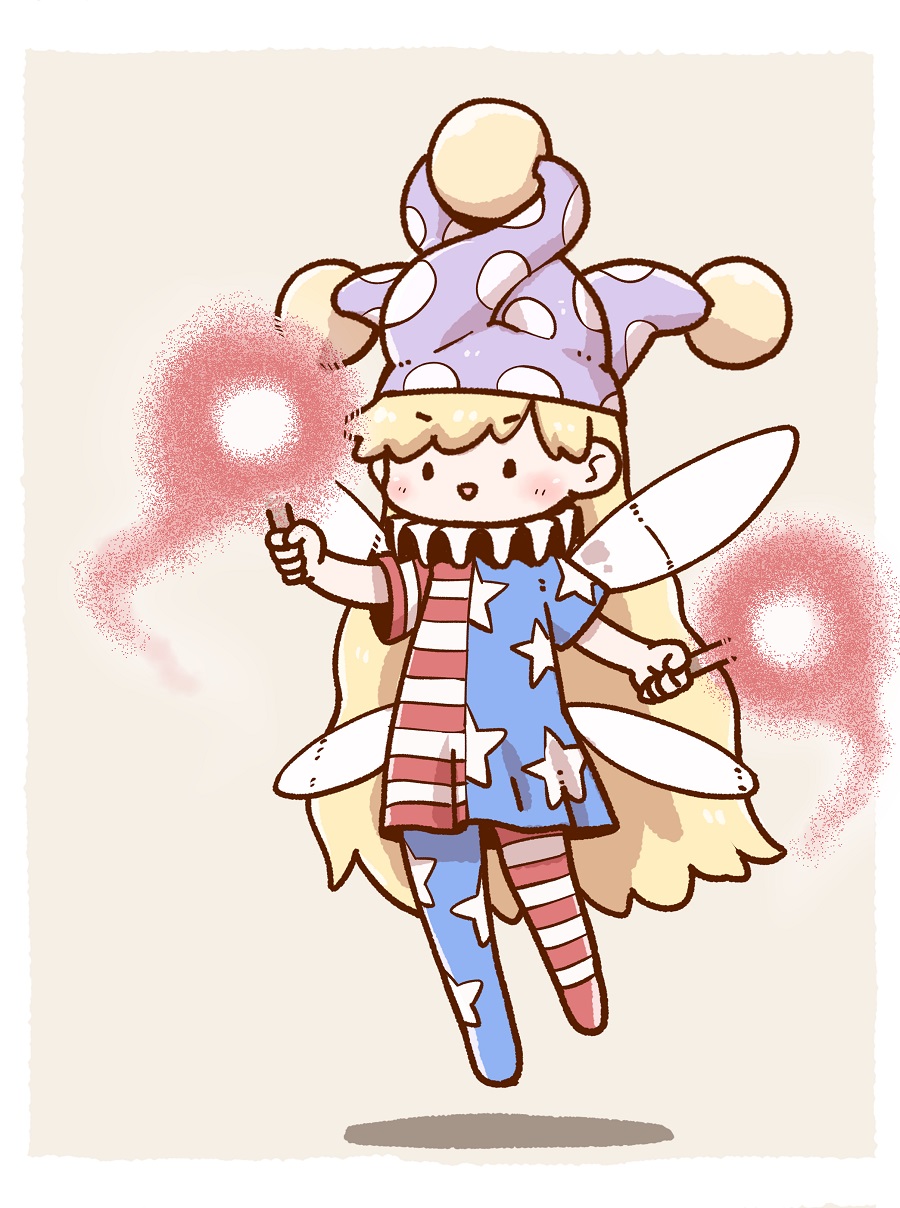 1girl american_flag_dress american_flag_legwear black_eyes blonde_hair blush border clownpiece fairy_wings flying full_body hat highres holding holding_torch jester_cap long_hair looking_at_viewer pantyhose poronegi simple_background smile solo torch touhou very_long_hair white_border wings yellow_background