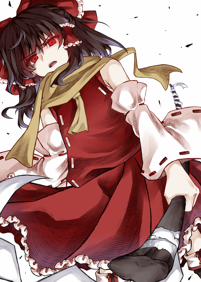 1girl ascot bow brown_hair detached_sleeves eyebrows_visible_through_hair frilled_skirt frills glowing glowing_eyes gohei hair_between_eyes hair_bow hair_tubes hakurei_reimu long_hair long_sleeves nontraditional_miko open_mouth red_eyes red_skirt red_vest ribbon-trimmed_sleeves ribbon_trim scarf skirt solo touhou v-shaped_eyebrows vest wide_sleeves yellow_neckwear yellow_scarf zetsumame