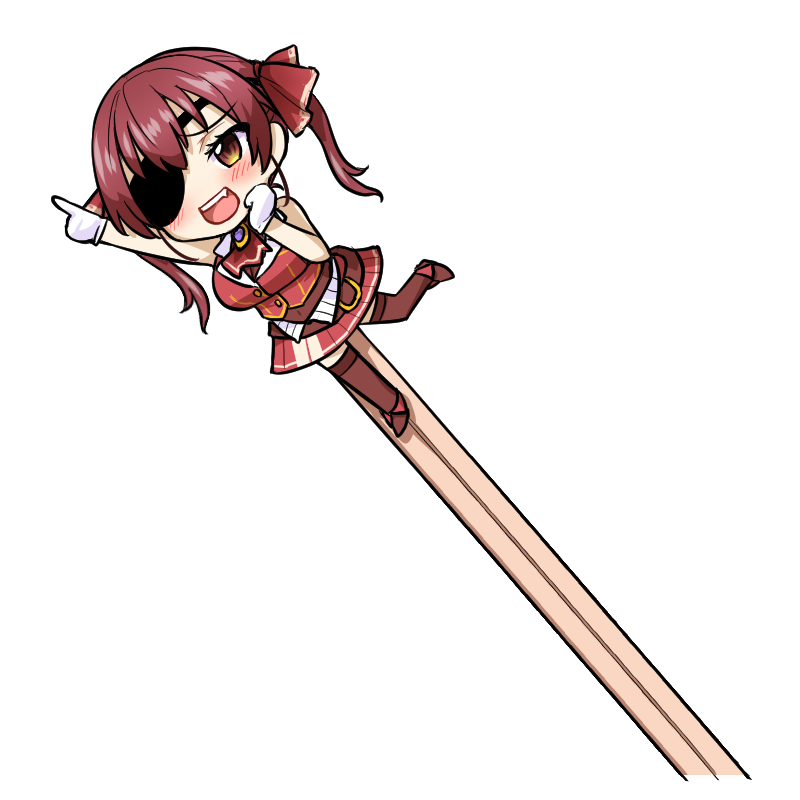 1girl :d ascot blush bow brown_eyes chibi eyepatch gloves hair_bow hand_up hands_up hololive houshou_marine index_finger_raised itou_yuuji miniskirt one_eye_covered open_mouth red_bow red_legwear red_neckwear red_skirt redhead simple_background skirt smile solo standing standing_on_one_leg thigh-highs transparent_background twintails white_gloves