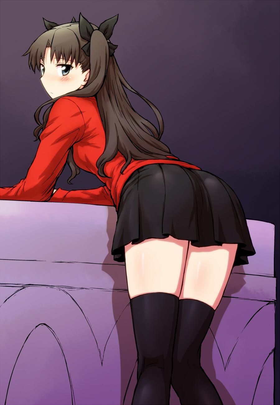 1girl ass black_bow black_legwear black_skirt bow brown_hair closed_mouth fate/stay_night fate_(series) from_behind grey_eyes hair_bow highres itou_yuuji leaning_forward legs_together long_hair long_sleeves looking_at_viewer looking_back miniskirt pleated_skirt red_shirt shirt skirt solo thigh-highs tohsaka_rin two_side_up