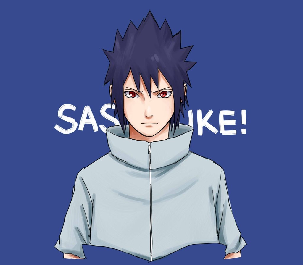 1boy bandages black_hair blue_background character_name closed_mouth grey_shirt hair_between_eyes looking_at_viewer naruto_(series) naruto_shippuuden ninja pinoko_(pnk623) red_eyes sharingan shirt short_hair short_sleeves simple_background solo uchiha_sasuke v-shaped_eyebrows