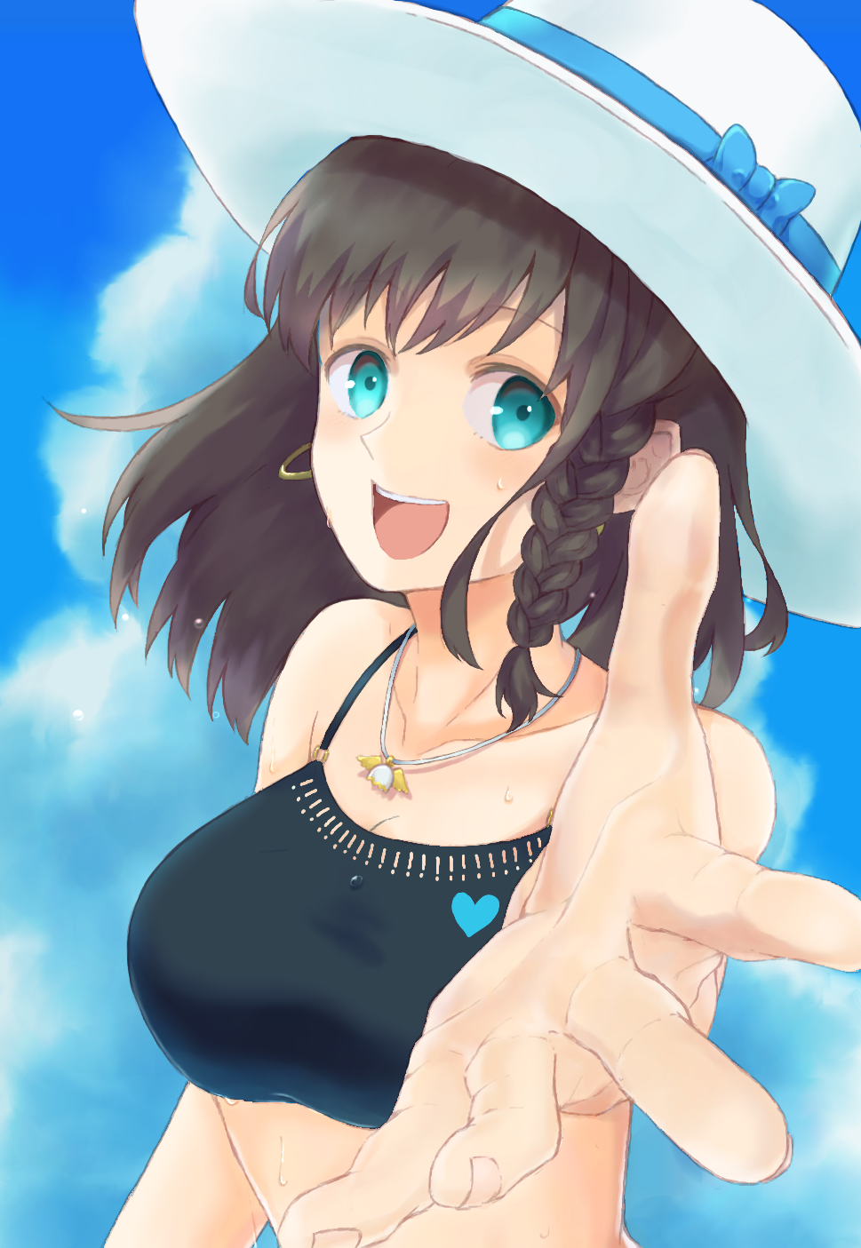 1girl bikini bikini_top blue_eyes braid breasts brown_hair charlotte_corday_(fate) charlotte_corday_(swimsuit_caster)_(fate) earrings fate/grand_order fate_(series) hat highres jewelry large_breasts pendant reaching_out single_earring sun_hat swimsuit tsume_(masudakousuke)