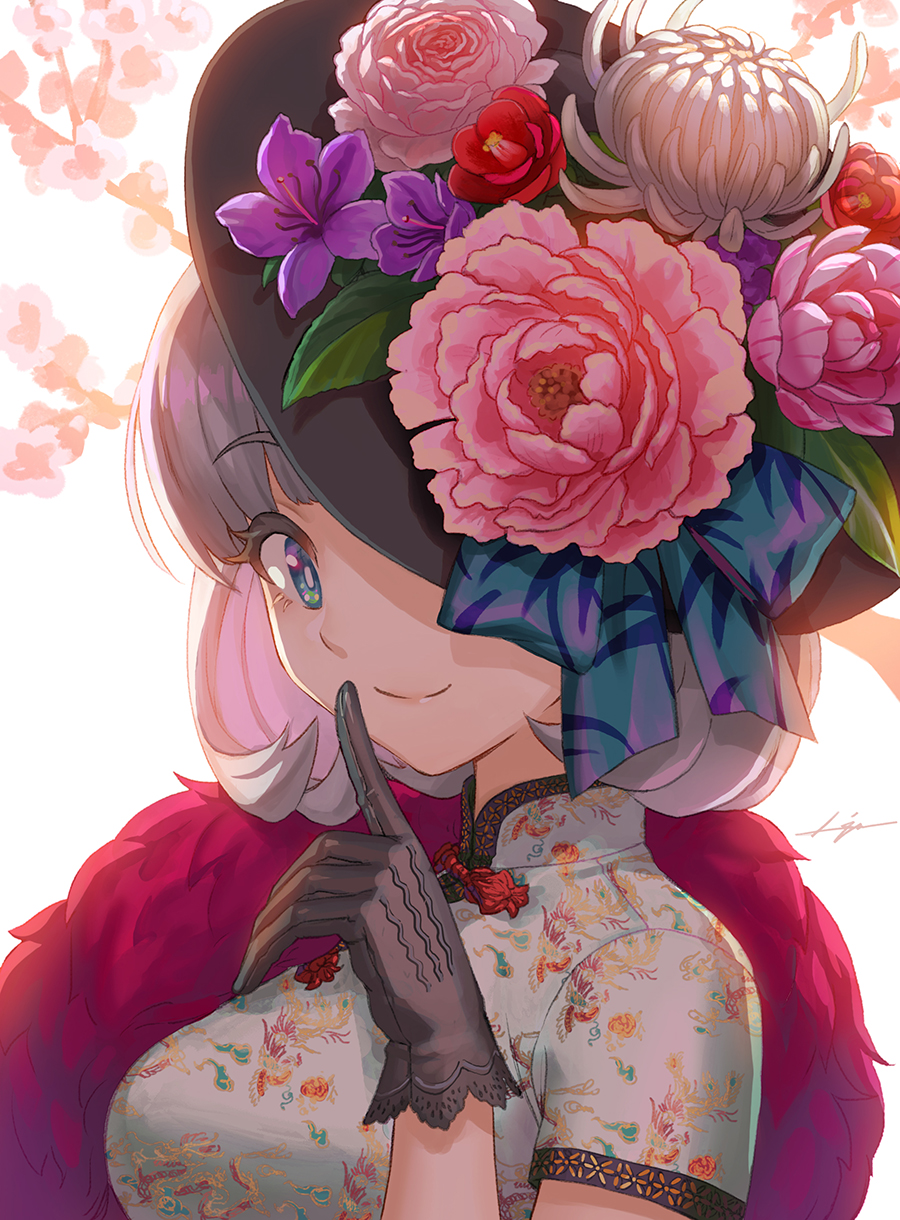 1girl black_gloves blue_eyes breasts bright_pupils cherry_blossoms china china_dress chinese_clothes closed_mouth dress eyebrows_visible_through_hair finger_to_mouth floral_print flower gloves grey_hair hat hat_flower highres kws love_live! love_live!_superstar!! medium_breasts medium_hair shanghai short_sleeves shushing sideways_glance signature smile solo tang_keke upper_body