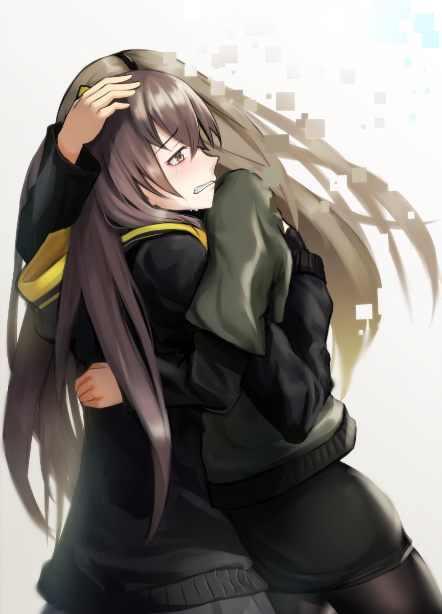 2girls bangs black_jacket black_legwear black_skirt brown_eyes brown_hair camouflage camouflage_jacket digital_dissolve eyebrows_visible_through_hair feet_out_of_frame girls_frontline hairband hand_on_another's_head highres hood hooded_jacket hug jacket light_brown_hair lodbyy long_hair looking_up multiple_girls pantyhose pixels skirt standing tears ump40_(girls'_frontline) ump45_(girls'_frontline) white_background