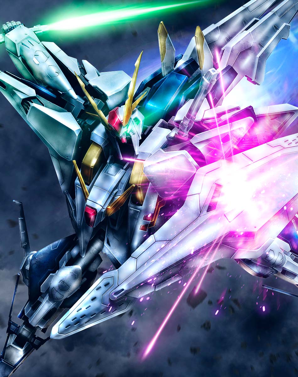 beam_saber blocking commentary energy_sword flying glowing glowing_eyes green_eyes gundam gundam_hathaway's_flash highres looking_at_viewer mecha mobile_suit no_humans science_fiction shield solo sword v-fin weapon xi_gundam youiki
