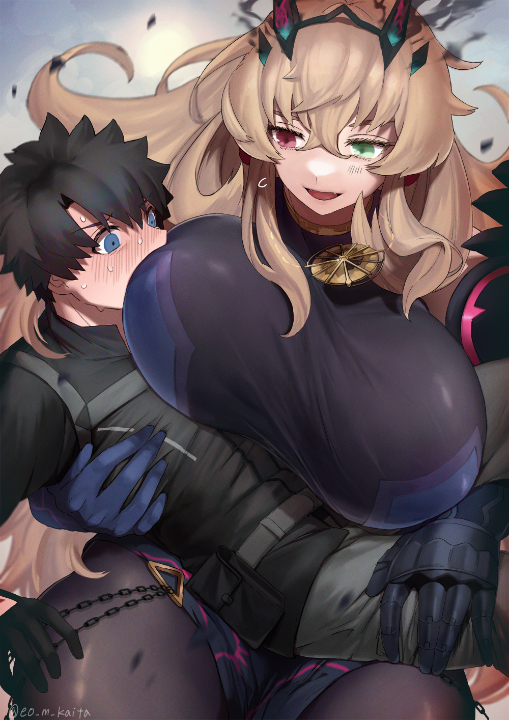 1boy 1girl armor bangs bare_shoulders belt black_dress black_gloves black_hair black_jacket blonde_hair blue_eyes blush breasts brown_legwear carrying chain dress earrings elbow_gloves fairy_knight_gawain_(fate) fate/grand_order fate_(series) fujimaru_ritsuka_(male) gauntlets gloves green_eyes grey_pants heterochromia highres horns jacket jewelry kaita_(mokamilkcup) large_breasts long_hair necklace open_mouth pants pantyhose pauldrons pelvic_curtain polar_chaldea_uniform pouch princess_carry red_eyes short_hair shoulder_armor single_gauntlet single_pauldron smile thighs unaligned_breasts