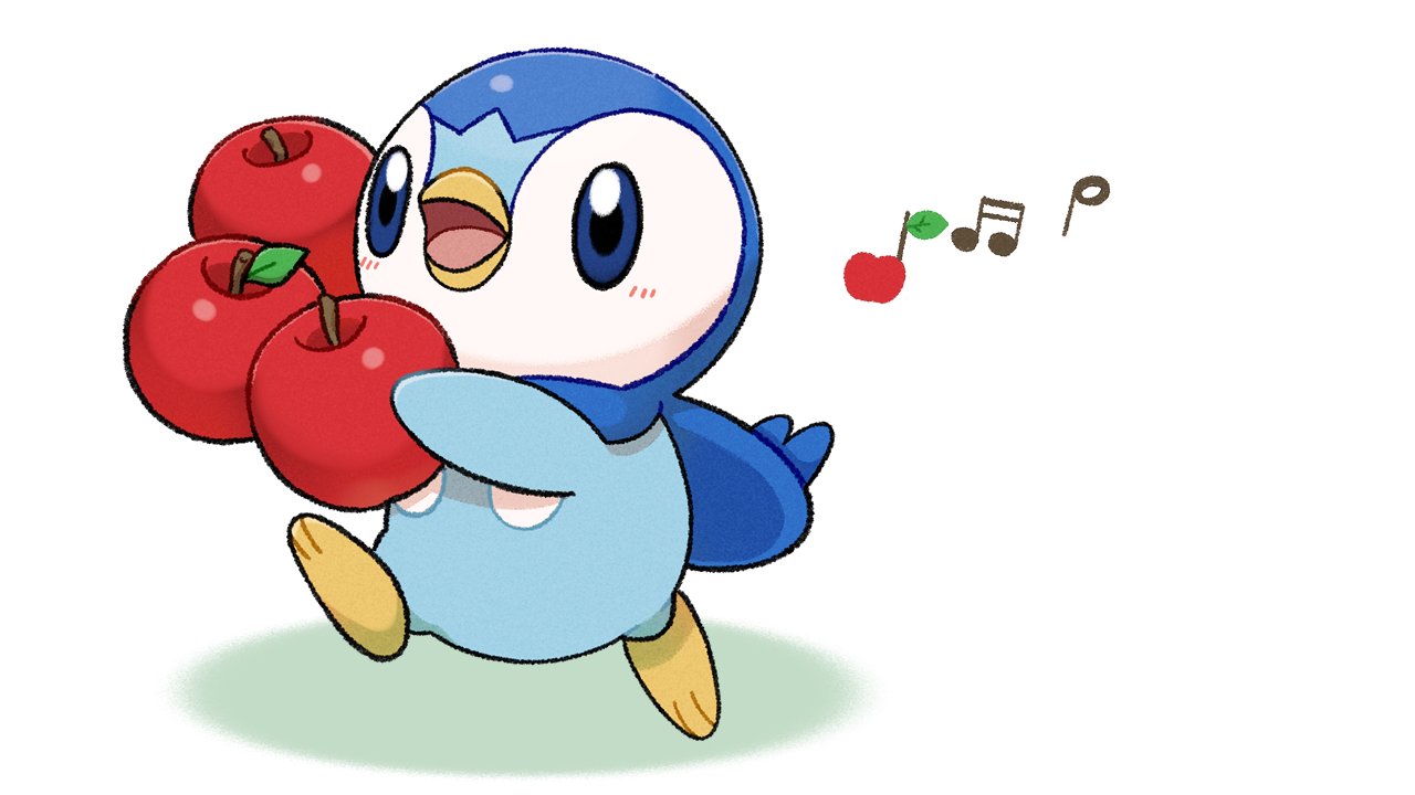 apple blue_eyes blush commentary_request creature food fruit holding holding_food holding_fruit leg_up musical_note no_humans official_art open_mouth piplup pokemon pokemon_(creature) project_pochama smile solo standing standing_on_one_leg toes tongue walking