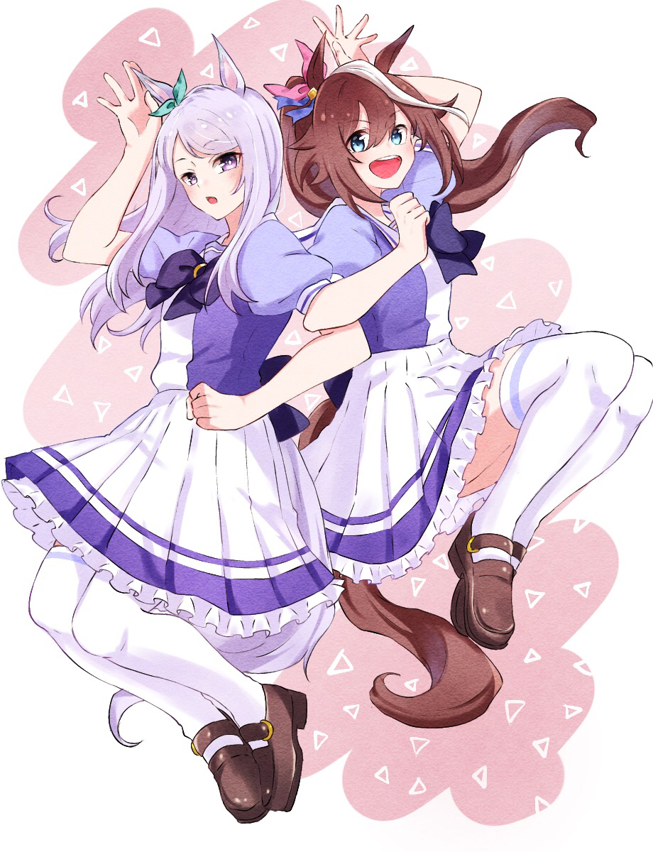 2girls :d animal_ears arm_up blue_eyes blush brown_footwear brown_hair commentary_request ear_ribbon frilled_skirt frills green_ribbon ha_(hura76752775) hair_ribbon highres horse_ears horse_girl horse_tail locked_arms mejiro_mcqueen_(umamusume) multicolored_hair multiple_girls open_mouth pink_ribbon pleated_skirt ponytail puffy_short_sleeves puffy_sleeves purple_hair purple_shirt ribbon school_uniform shirt shoes short_sleeves skirt smile streaked_hair tail thigh-highs tokai_teio_(umamusume) tracen_school_uniform umamusume upper_teeth violet_eyes white_hair white_legwear white_skirt