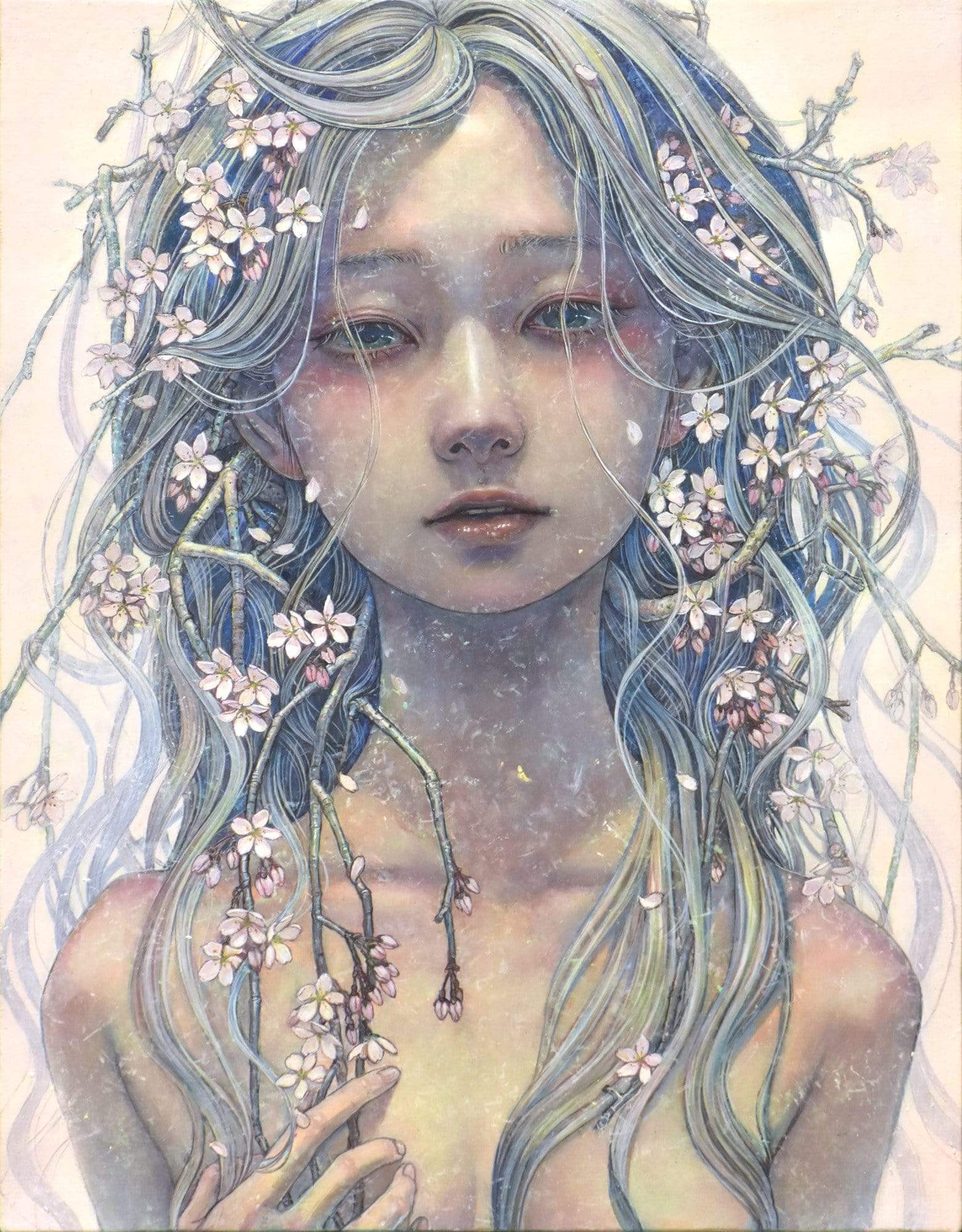 1girl bangs cherry_blossoms commentary english_commentary eyelashes fingernails flower highres hirano_miho lips long_hair looking_at_viewer nose nostrils nude oil_painting_(medium) original painting_(medium) parted_lips pink_flower solo traditional_media very_long_hair white_flower