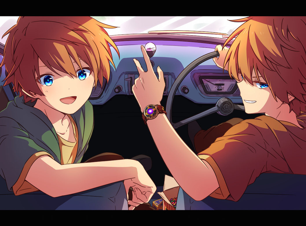 2boys blue_eyes brothers car car_interior car_seat driving fred_weasley george_weasley ground_vehicle harry_potter kapirusu motor_vehicle multiple_boys orange_hair right-hand_drive short_hair siblings smile steering_wheel twins watch watch