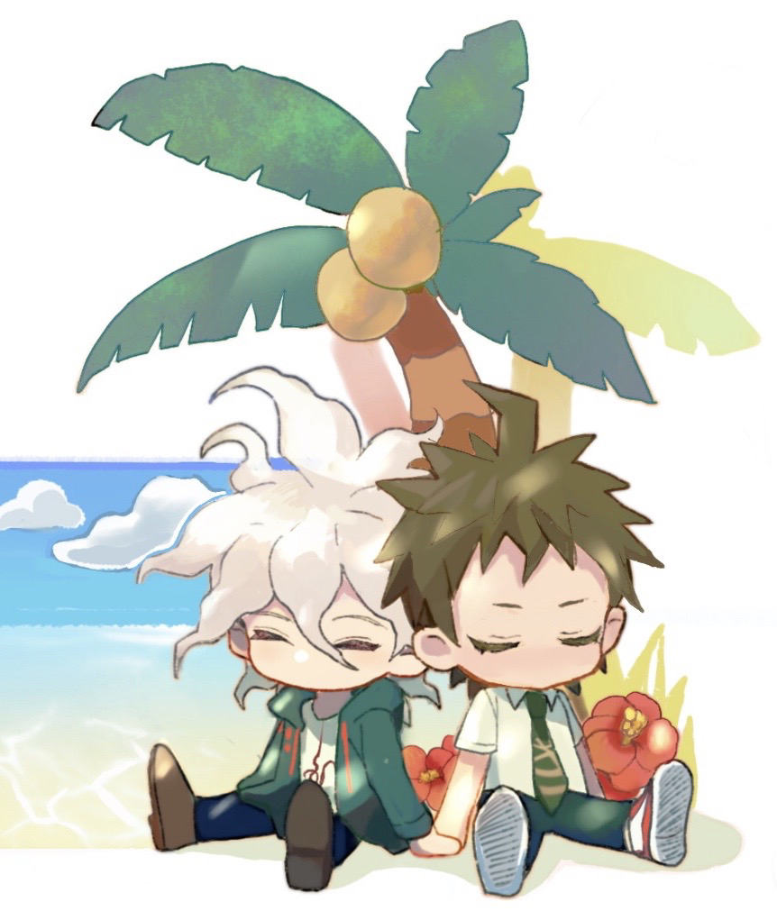 2boys ahoge bangs beach brown_footwear brown_hair chibi closed_eyes collared_shirt danganronpa_(series) danganronpa_2:_goodbye_despair flower green_jacket green_neckwear grey_hair hair_between_eyes hinata_hajime holding_hands jacket komaeda_nagito messy_hair multiple_boys necktie no_mouth ocean palm_tree pants red_flower shirt shoes short_hair sitting tree white_background white_shirt zhileng_kong_tiao