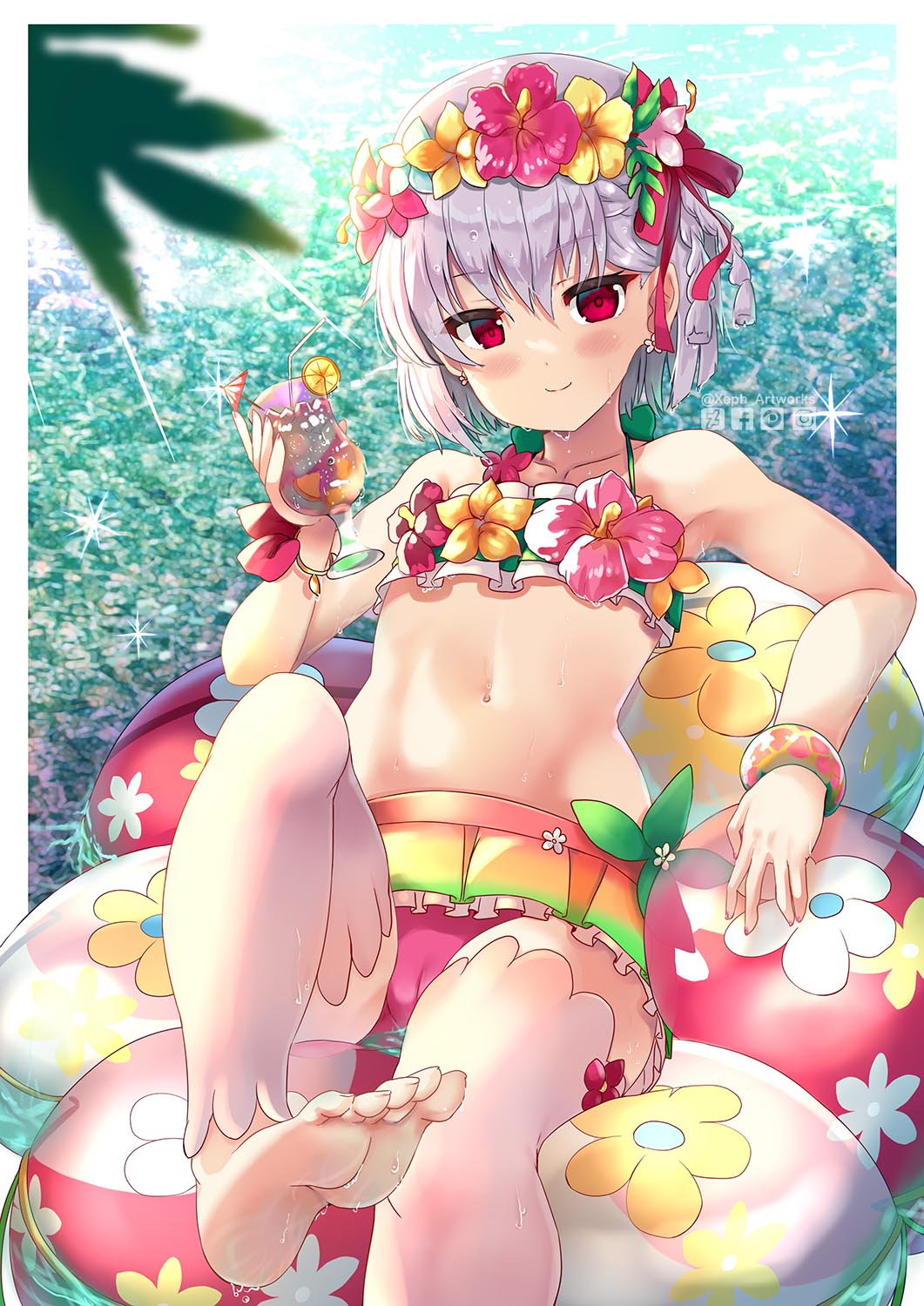 1girl bangs bare_shoulders beach bikini blush breasts collarbone cup drinking_glass fate/grand_order fate_(series) feet flower_wreath food fruit green_bikini hair_ribbon head_wreath highres innertube kama_(fate) kama_(swimsuit_avenger)_(fate) legs looking_at_viewer miniskirt ocean orange_(fruit) orange_slice rainbow_skirt red_eyes ribbon short_hair silver_hair sitting skirt small_breasts smile swimsuit wet xephonia