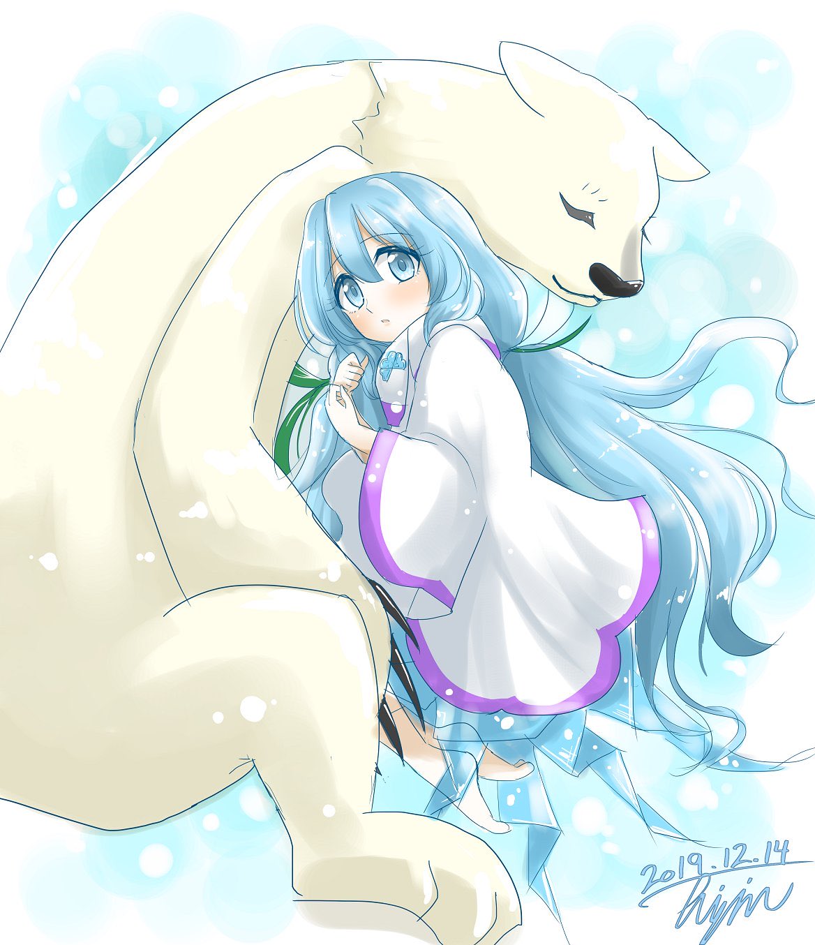 1girl barefoot bear blue_eyes blue_hair dress highres hisin long_hair polar_bear signature ursula_(xenoblade) xenoblade_chronicles_(series) xenoblade_chronicles_2