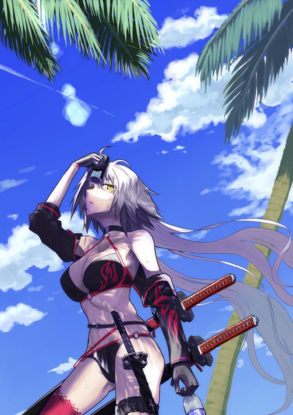 1girl ahoge ass_visible_through_thighs bikini black_bikini black_gloves blue_sky bottle breasts breasts_apart can_to_forehead clouds deishuu fate/grand_order fate_(series) from_below gloves grey_hair groin_tendon jeanne_d'arc_(alter)_(fate) jeanne_d'arc_(alter_swimsuit_berserker)_(fate) jeanne_d'arc_(fate)_(all) katana large_breasts looking_at_viewer navel palm_tree sky solo swimsuit sword thigh-highs thighs tree water_bottle weapon yellow_eyes