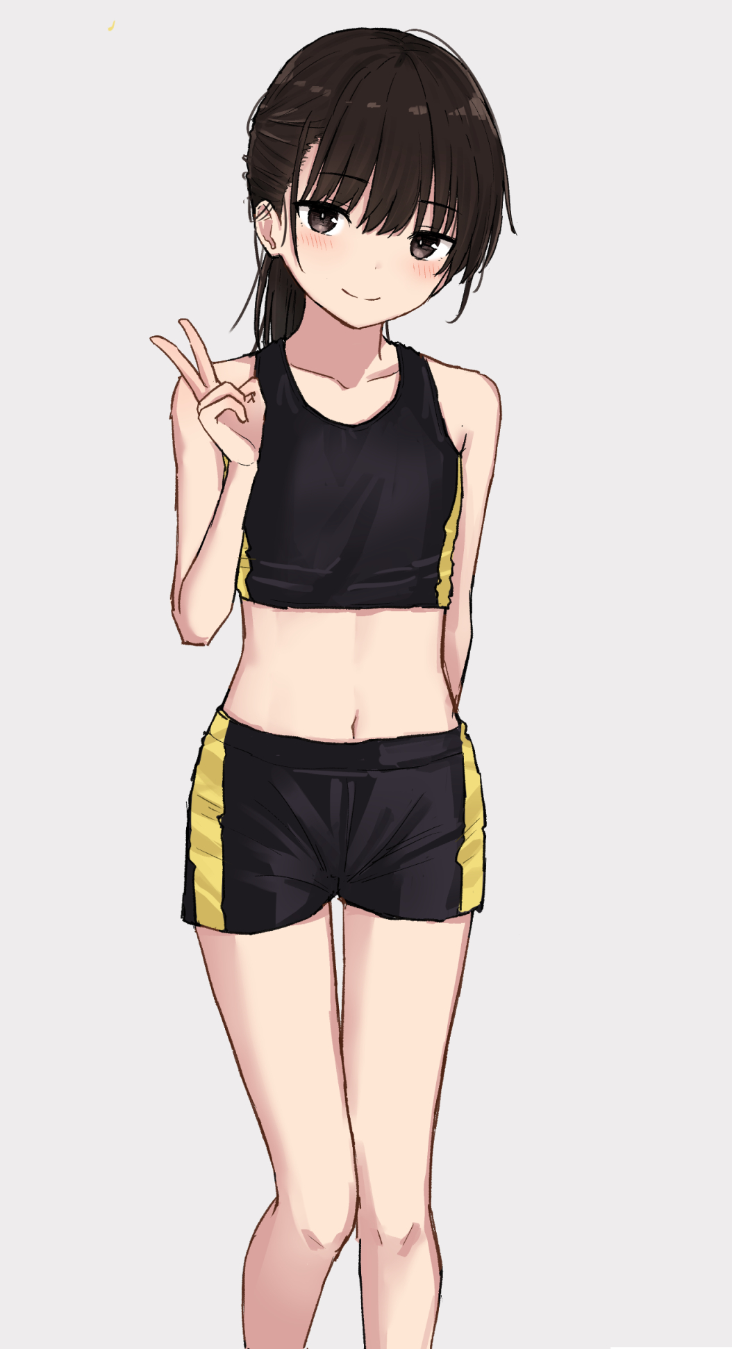 1girl bangs black_hair blush brown_eyes collarbone commentary_request eyebrows_visible_through_hair grey_background highres looking_at_viewer midriff navel original short_hair shorts simple_background smile solo sports_bra sportswear user_xkrj2348 v