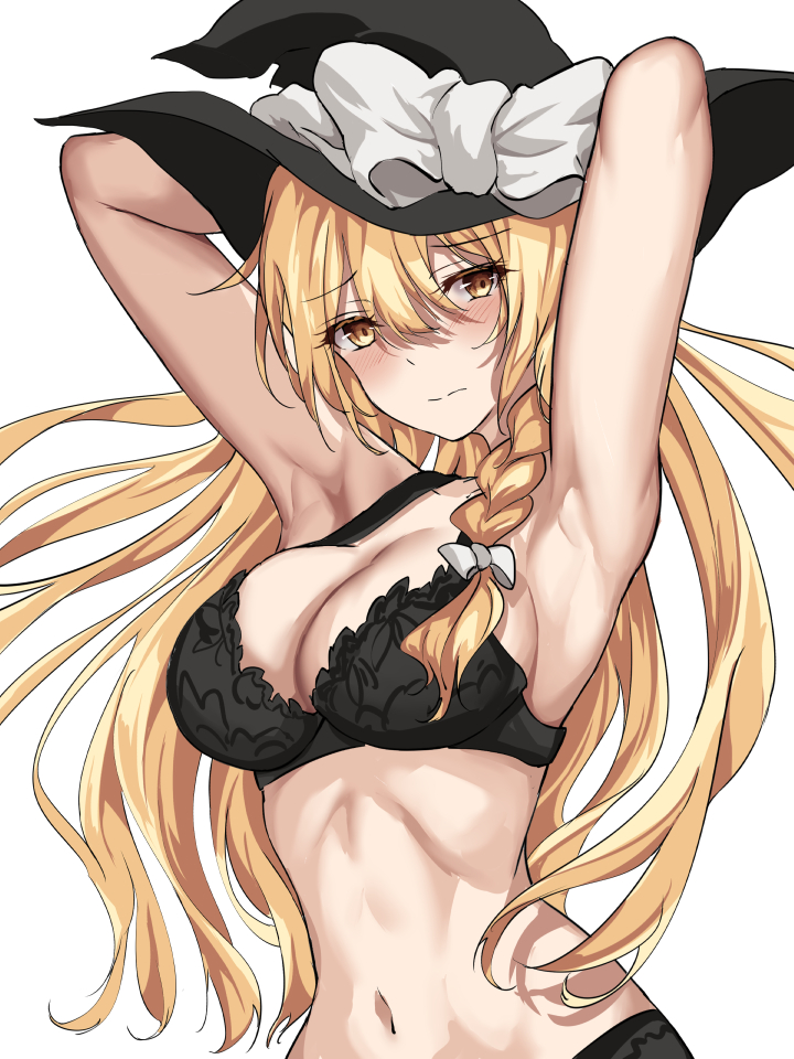 1girl :s armpits black_bra black_panties blonde_hair blush bra braid breasts hat kaeranu_kaeru kirisame_marisa lace-trimmed_bra lace-trimmed_panties lace_trim large_breasts long_hair navel panties presenting_armpit side_braid simple_background single_braid touhou underwear white_background witch_hat