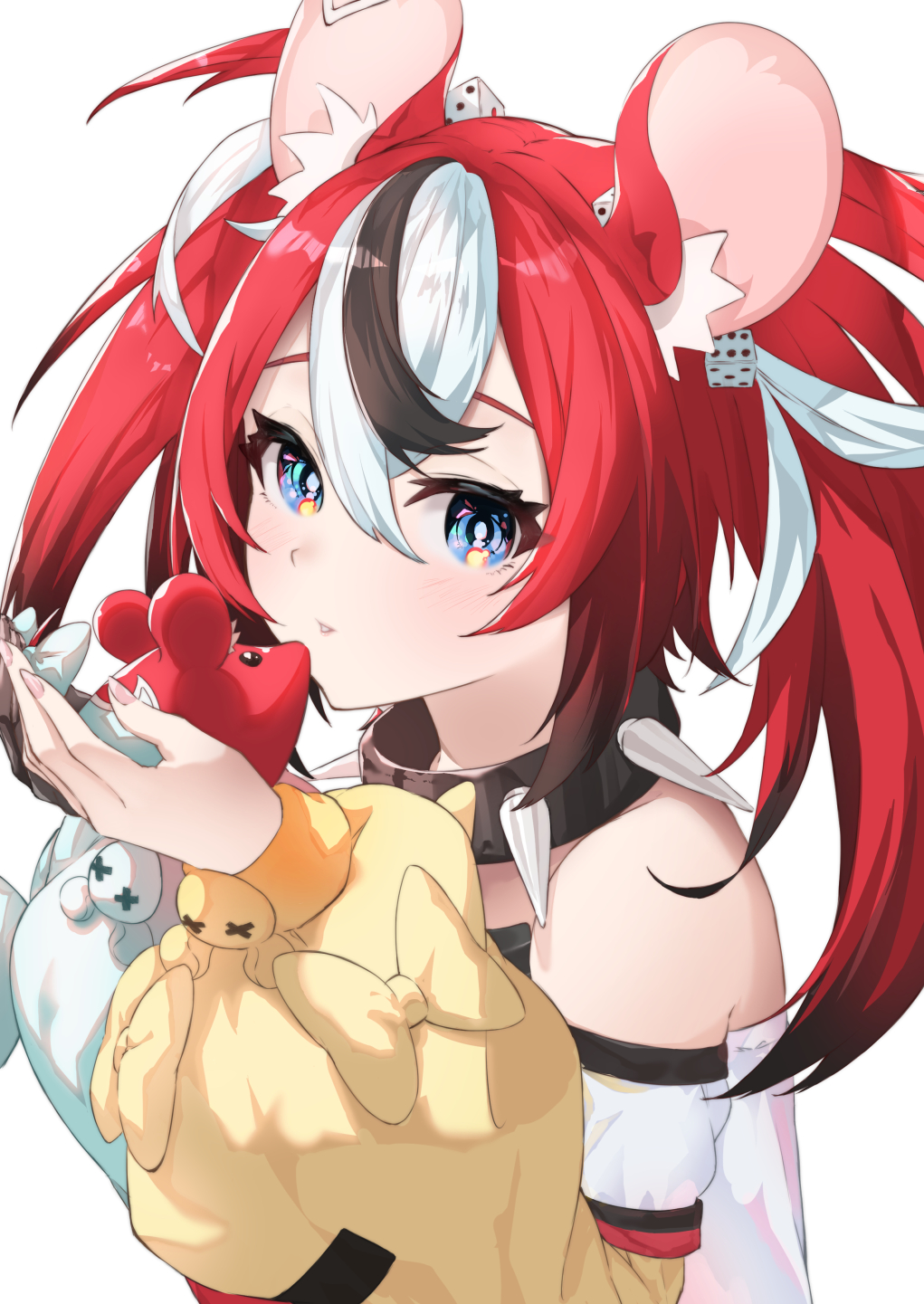 1girl animal_ear_fluff animal_ears asymmetrical_sleeves azusa_(azunyan12) bangs bare_shoulders black_collar black_hair blue_eyes collar commentary_request dice_hair_ornament eyebrows_behind_hair hair_between_eyes hair_ornament hakos_baelz hands_up highres holding hololive hololive_english layered_sleeves long_sleeves looking_at_viewer mismatched_sleeves mouse_ears mr._squeaks_(hakos_baelz) multicolored_hair off-shoulder_shirt off_shoulder parted_lips puffy_long_sleeves puffy_sleeves redhead shirt short_over_long_sleeves short_sleeves simple_background spiked_collar spikes streaked_hair twintails upper_body virtual_youtuber white_background white_hair white_shirt