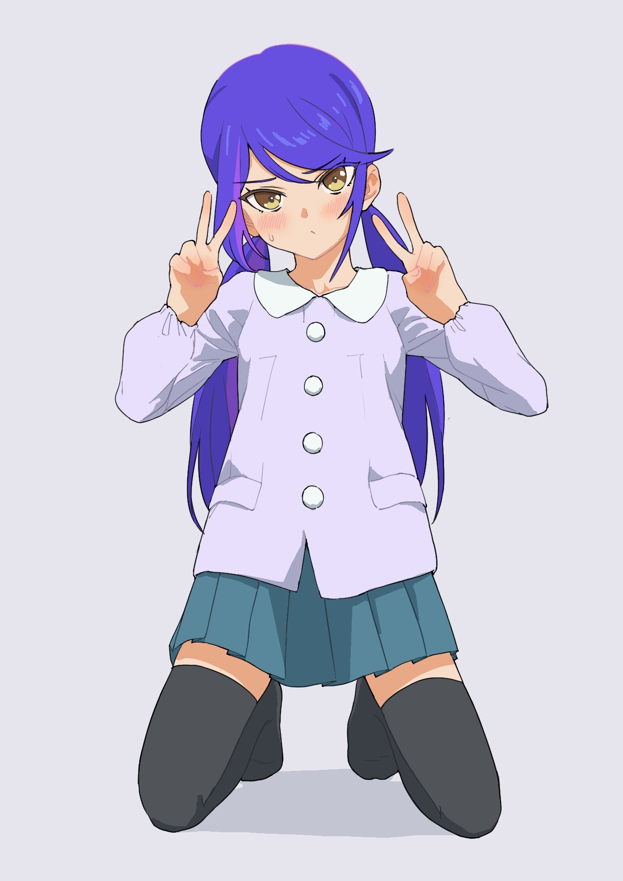 1girl :/ aikatsu!_(series) aikatsu_stars! black_legwear blue_hair blue_skirt blush brown_eyes closed_mouth double_v grey_background hands_up head_tilt highres kisaragi_tsubasa kneeling long_hair long_sleeves looking_at_viewer low_twintails miniskirt multicolored_hair osame pleated_skirt purple_hair purple_shirt sanpaku shirt simple_background skirt solo streaked_hair thigh-highs twintails v zettai_ryouiki