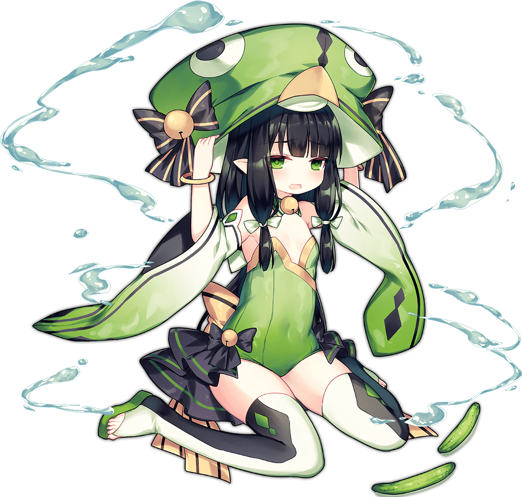 1girl ao_jun ark_order bangs bell black_bow black_hair black_legwear bow bridal_legwear cucumber flat_chest green_eyes green_footwear green_headwear green_leotard hat hat_bell hat_bow holding holding_clothes holding_hat jingle_bell kappa_(ark_order) leotard long_hair looking_at_viewer neck_bell official_art open_mouth pointy_ears sandals sidelocks sitting solo tachi-e toeless_footwear two-tone_legwear wariza water wavy_mouth white_legwear wide_sleeves