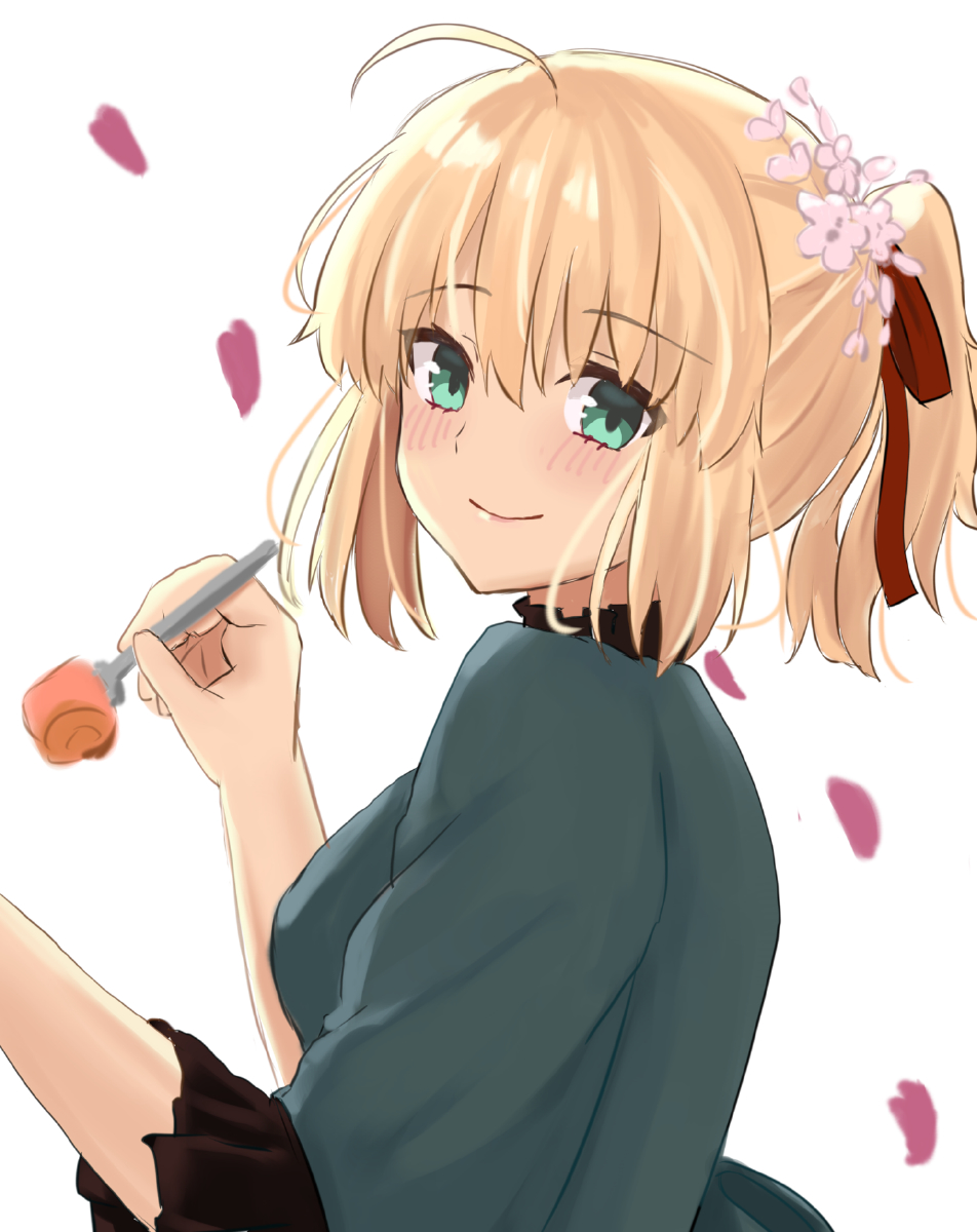 1girl ahoge artoria_pendragon_(fate) blonde_hair bow collar eyebrows_visible_through_hair fate/grand_order fate/stay_night fate_(series) flower food fork frilled_collar frilled_sleeves frills green_eyes hair_between_eyes hair_bow hair_flower hair_ornament hand_up highres looking_at_viewer looking_back medium_hair petals saber sakurasakimasu4 short_sleeves simple_background smile solo white_background