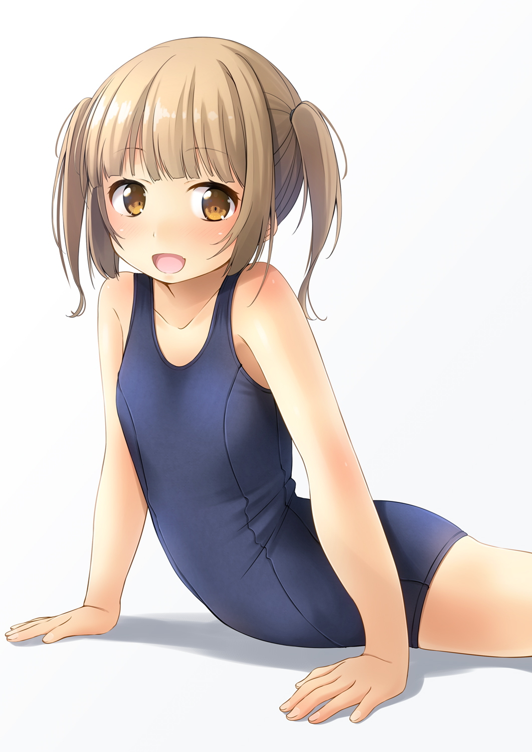 1girl :d arm_support bangs bare_arms bare_shoulders blue_swimsuit blush breasts brown_eyes brown_hair collarbone commentary_request cowboy_shot eyebrows_visible_through_hair grey_background highres long_hair looking_at_viewer one-piece_swimsuit open_mouth original school_swimsuit shadow shibacha small_breasts smile solo swimsuit twintails