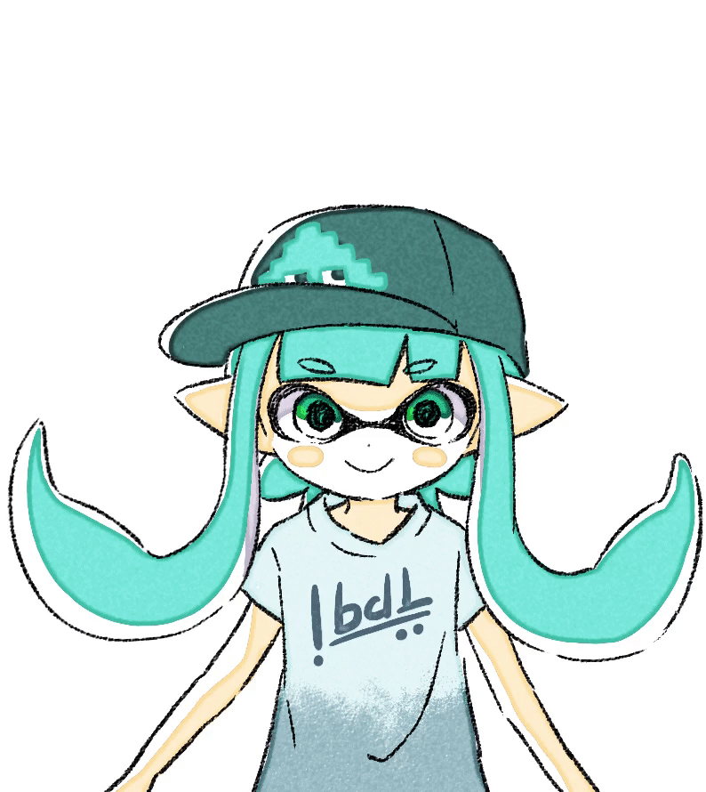 1girl animated animated_gif aqua_eyes aqua_hair aqua_headwear blue_eyes blue_hair blue_headwear blush comamawa grey_pants hat inkling jumping long_hair looking_at_viewer pants pointy_ears shirt short_sleeves simple_background smile solo splatoon_(series) splatoon_2 upper_body white_background white_shirt