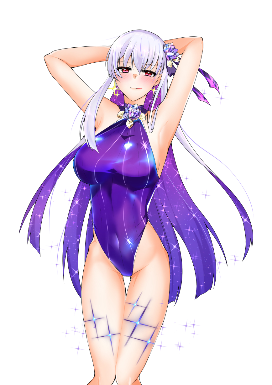 1girl armpits arms_behind_head arms_up bangs bare_shoulders blue_hair blue_swimsuit blush breasts covered_navel earrings fate/grand_order fate_(series) flower hair_flower hair_ornament hair_ribbon highleg highleg_swimsuit highres jewelry kama_(fate) kama_(swimsuit_avenger)_(fate) large_breasts licking_lips long_hair looking_at_viewer lotus multicolored_hair one-piece_swimsuit red_eyes ribbon silver_hair smile star_(sky) star_(symbol) star_earrings swimsuit thighs tongue tongue_out two-tone_hair yumeneko_nyaa