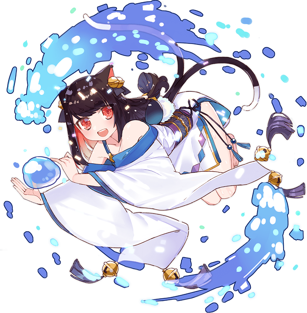 1girl :d animal_ears ark_order bangs bare_legs bare_shoulders bell black_bow black_hair bow cat_ears cat_tail colored_inner_hair dress floating hair_bow hashihime_(ark_order) japanese_clothes jingle_bell kimono long_hair long_sleeves low-tied_long_hair multicolored_hair nekomata official_art open_mouth red_eyes ryuuno6 side_slit smile solo tachi-e tail water white_dress white_kimono wide_sleeves