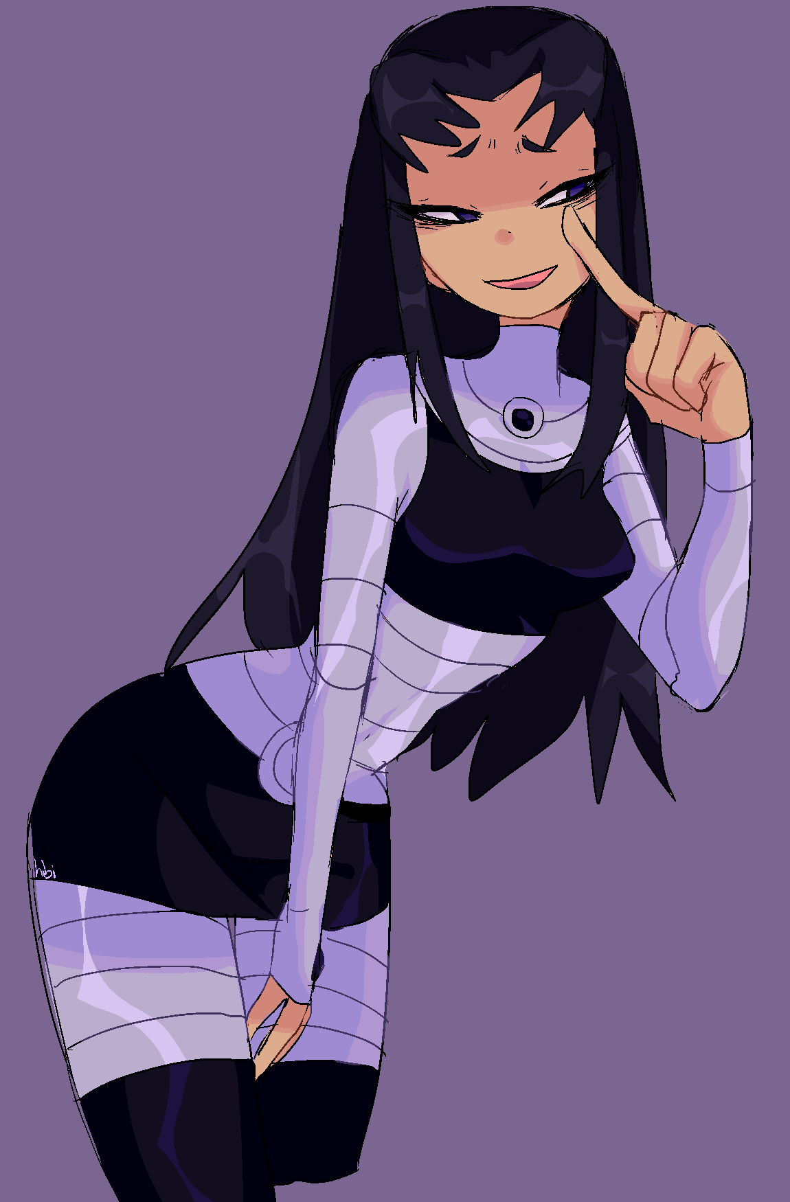 1girl black_hair breasts character_request cropped_legs hibi_(dusrbinrat) highres leaning_forward long_hair long_sleeves medium_breasts purple_background short_eyebrows simple_background smile solo teen_titans violet_eyes