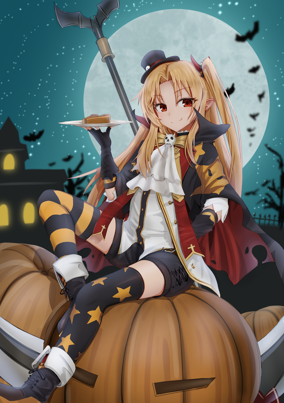 1girl asymmetrical_legwear azur_lane bangs bat black_gloves black_shorts blonde_hair blurry building cape carrying cleveland_(azur_lane) cleveland_(devil_fever)_(azur_lane) commentary_request depth_of_field en eyebrows_visible_through_hair eyes_visible_through_hair full_moon gloves hair_ornament halloween hand_on_hip hat highres jack-o'-lantern long_hair long_sleeves looking_at_viewer mini_hat mini_top_hat mismatched_legwear moon night night_sky one_side_up plate pointy_ears pumpkin pumpkin_pie red_eyes shorts sidelocks sitting sky smile solo star_(sky) starry_sky thigh-highs top_hat west_24 zettai_ryouiki