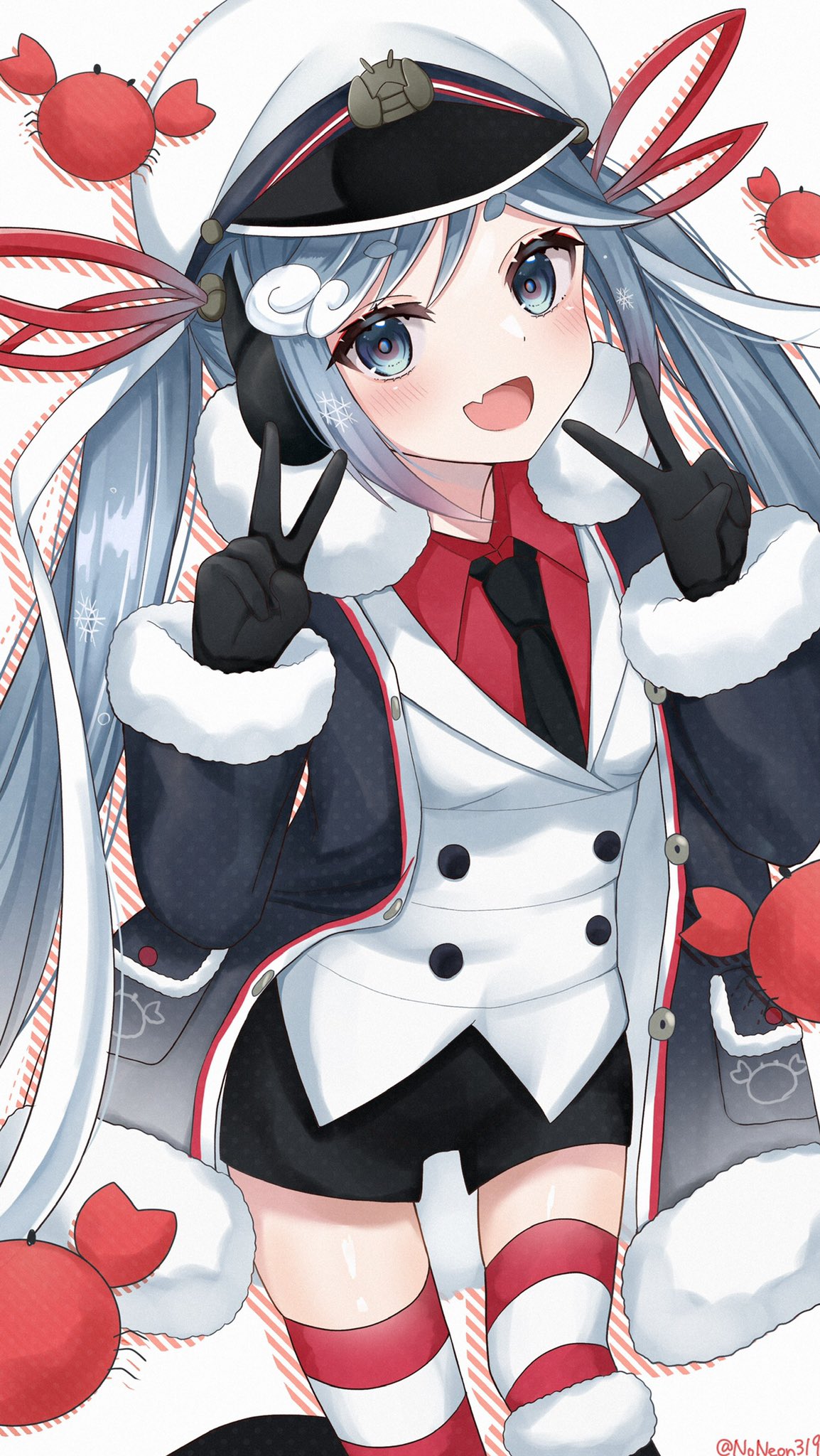 1girl black_coat black_gloves black_neckwear blue_eyes blue_hair boots buttons coat commentary cowboy_shot crab crab_print double-breasted double_v fang fur-trimmed_boots fur-trimmed_coat fur_trim gloves hair_ribbon hat hatsune_miku highres hooded_coat jacket looking_at_viewer military military_uniform naval_uniform necktie noneon319 open_mouth over-kneehighs red_legwear red_ribbon red_shirt ribbon sailor_hat shirt skin_fang smile snowflake_print solo striped striped_legwear thigh-highs twintails uniform v vocaloid wavy_hair white_headwear white_jacket yuki_miku yuki_miku_(2022)