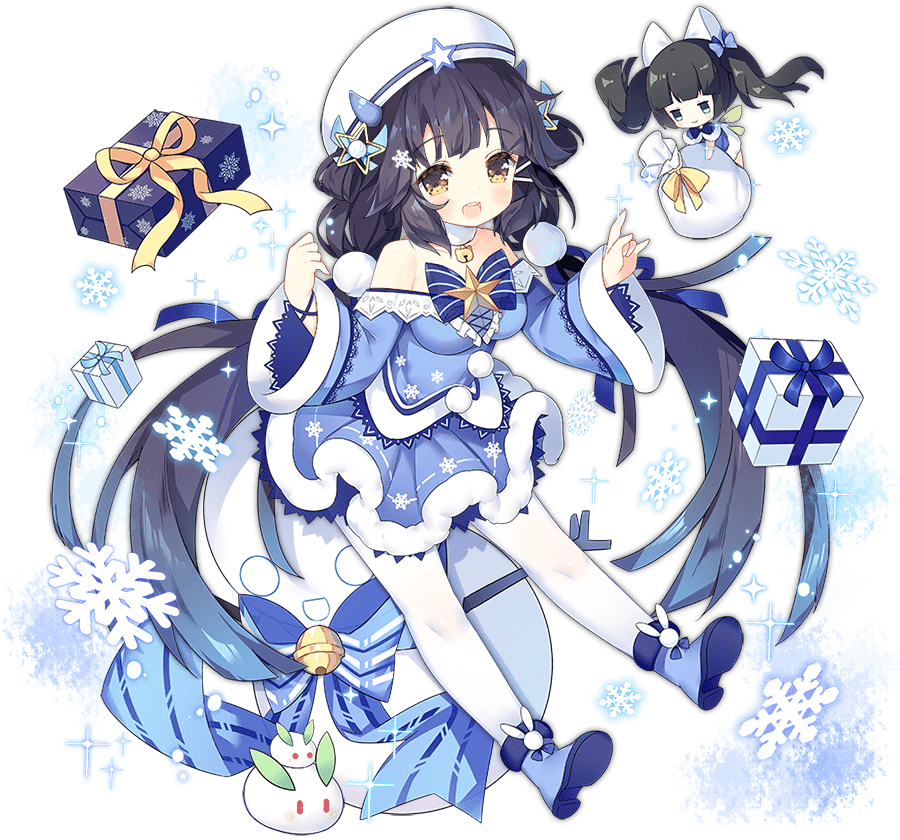 1girl aqua_bow ark_order bangs beret blue_bow blue_dress blue_footwear boots bow breasts doll dress fairy fox_shadow_puppet fur-trimmed_boots fur-trimmed_dress fur_trim gift hair_bow hair_ornament hairclip hat horns long_sleeves off-shoulder_dress off_shoulder official_art pantyhose snow_bunny snowflake_hair_ornament solo sparkle star_(symbol) star_hair_ornament tachi-e tsukimi_(xiaohuasan) wangliang_(ark_order) white_headwear white_legwear wide_sleeves