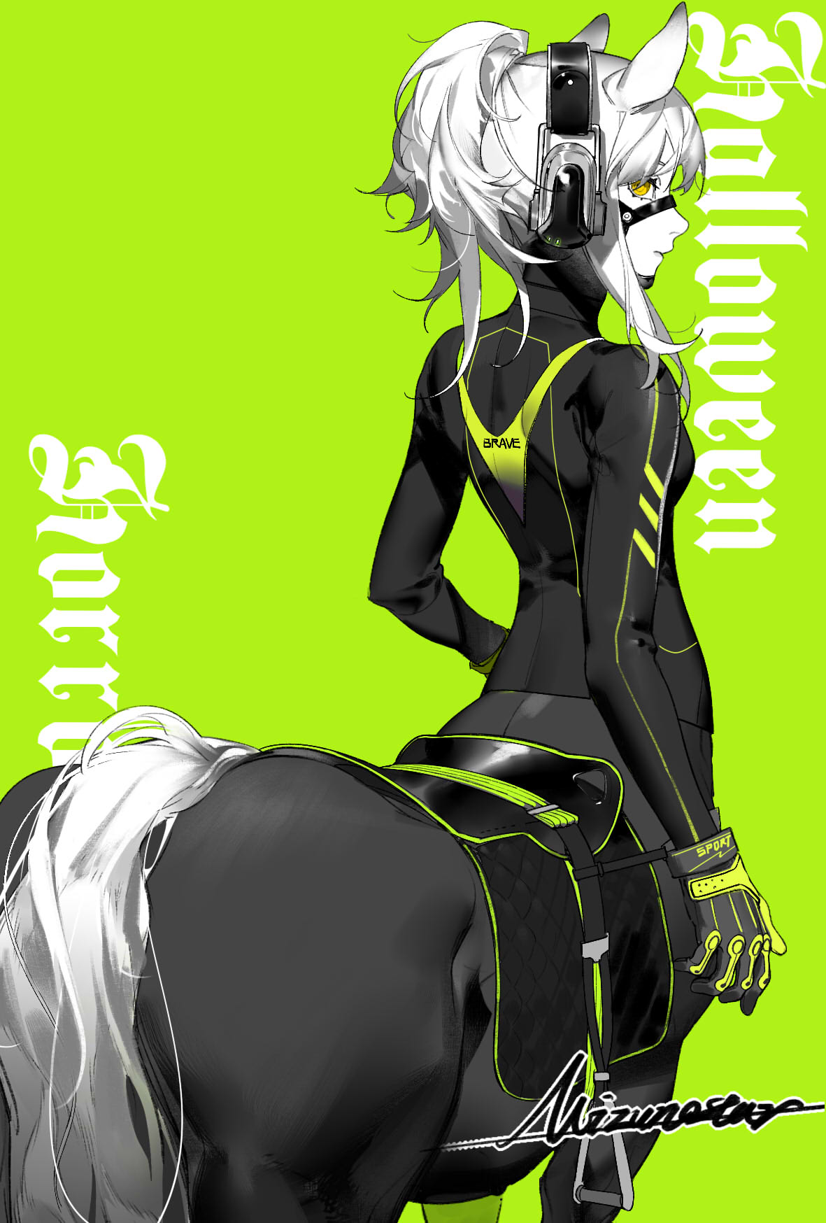 1girl animal_ears arknights bodysuit centaur closed_mouth english_text gloves green_background headgear headphones high_ponytail highres horse_ears horse_tail looking_at_viewer looking_back medium_hair monsterification muzzle nearl_(arknights) ponytail saddle shuiye_xing signature simple_background solo stirrups tail taur yellow_eyes
