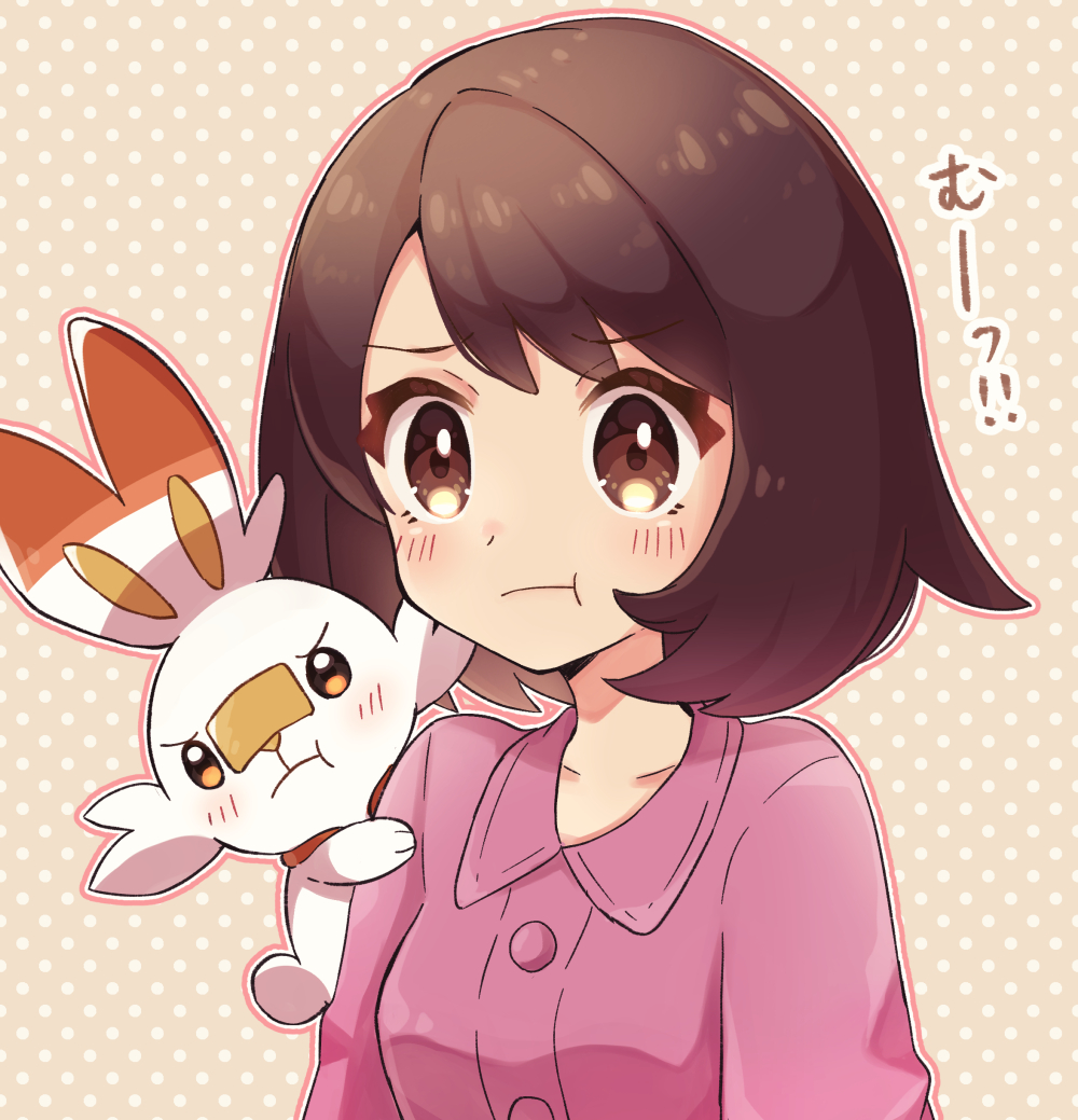 1girl :t bangs blush bob_cut brown_eyes brown_hair buttons closed_mouth collarbone collared_dress commentary_request dress eyebrows_visible_through_hair eyelashes gloria_(pokemon) haru_(haruxxe) outline pokemon pokemon_(creature) pokemon_(game) pokemon_on_arm pokemon_swsh polka_dot polka_dot_background pout purple_dress scorbunny short_hair upper_body