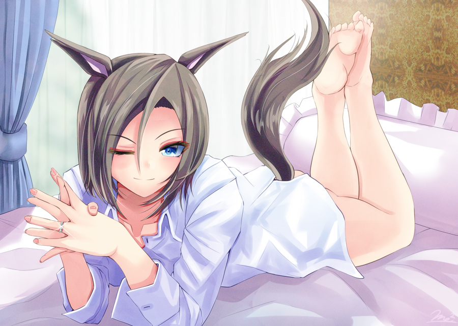 1girl ;) air_groove_(umamusume) animal_ears bangs barefoot bed black_hair blue_eyes closed_mouth collarbone collared_shirt commentary_request curtains dress_shirt eyebrows_visible_through_hair frilled_pillow frills glint hair_between_eyes horse_ears horse_girl horse_tail jewelry legs_up long_sleeves looking_at_viewer lying naked_shirt on_stomach one_eye_closed parted_bangs pillow ring shirt smile soles solo tail the_pose umamusume v-shaped_eyebrows wedding_band white_shirt window yumibakama_meme