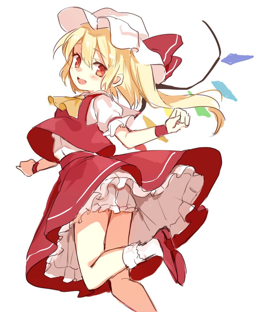 1girl :d ascot ass bangs blonde_hair bloomers blush bobby_socks bow commentary_request crystal eyebrows_visible_through_hair fang flandre_scarlet flat_chest foot_out_of_frame hair_between_eyes hat hat_bow looking_at_viewer looking_back mob_cap one_side_up open_mouth paragasu_(parags112) petticoat puffy_short_sleeves puffy_sleeves red_bow red_eyes red_footwear red_skirt red_vest short_hair short_sleeves simple_background skin_fang skirt smile socks solo standing standing_on_one_leg touhou twisted_torso underwear upskirt vest white_background white_headwear white_legwear wings wristband yellow_neckwear