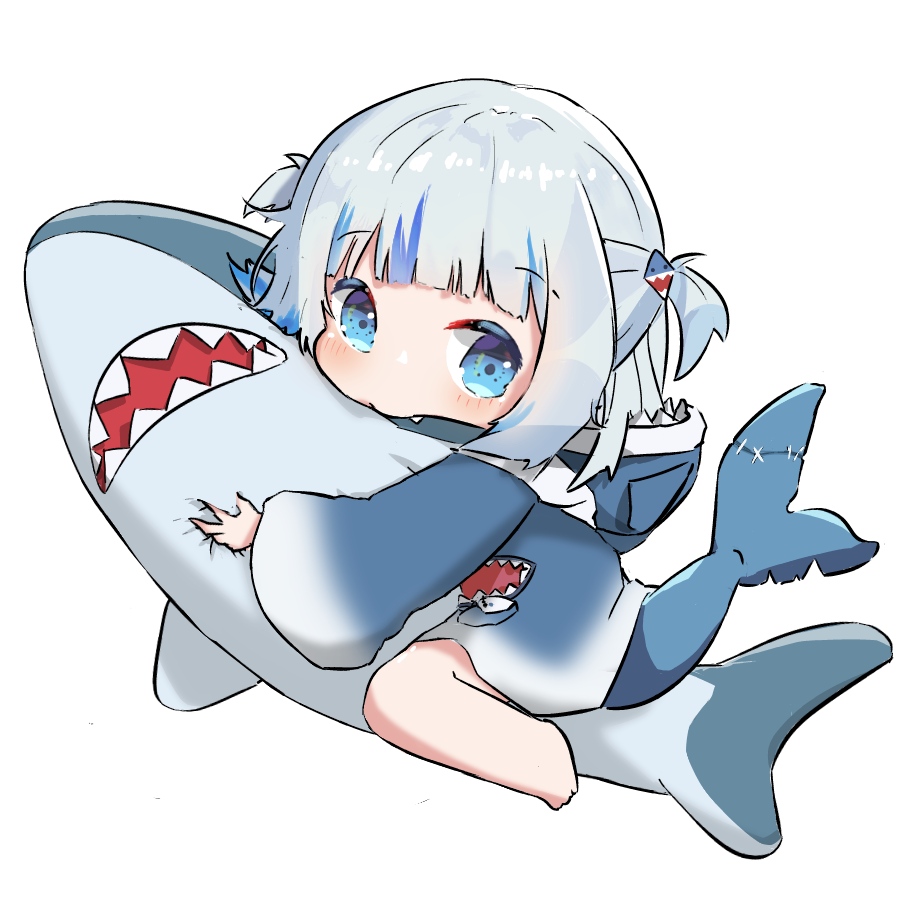 1girl animal_hood barefoot blue_eyes blue_hair blue_hoodie chibi fang fish_tail full_body gawr_gura grey_hair hair_ornament hololive hololive_english hood hood_down hoodie long_sleeves looking_at_viewer miaoema multicolored_hair shark_hood shark_tail simple_background solo streaked_hair stuffed_animal stuffed_shark stuffed_toy tail two_side_up virtual_youtuber white_background wide_sleeves