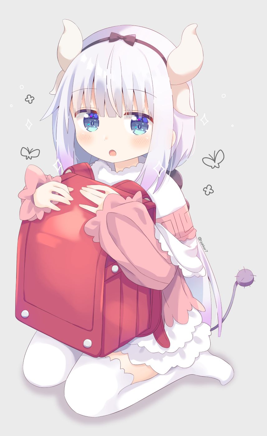 1girl :o backpack bag bangs black_hairband blue_eyes commentary_request dragon_horns dress eyebrows_visible_through_hair full_body gradient_hair grey_background hairband highres horns kanna_kamui kobayashi-san_chi_no_maidragon long_hair long_sleeves looking_at_viewer low_twintails multicolored_hair nakkar no_shoes object_hug open_mouth pink_dress puffy_long_sleeves puffy_sleeves purple_hair randoseru seiza shadow silver_hair sitting sleeves_past_wrists solo sparkle tail thigh-highs twintails very_long_hair white_legwear