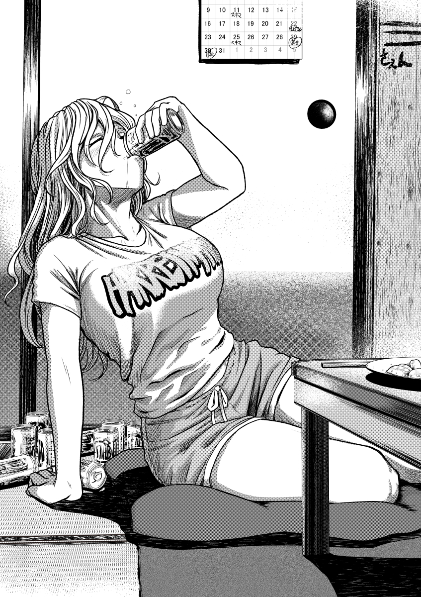 1girl alcohol arm_support beer beer_can blonde_hair blush breasts calendar_(object) can closed_eyes collarbone door drinking greyscale highres koyubi_(littlefinger1988) large_breasts leaning_back long_hair monochrome on_floor shirt shorts sitting solo t-shirt thigh-highs touhou very_long_hair yakumo_yukari
