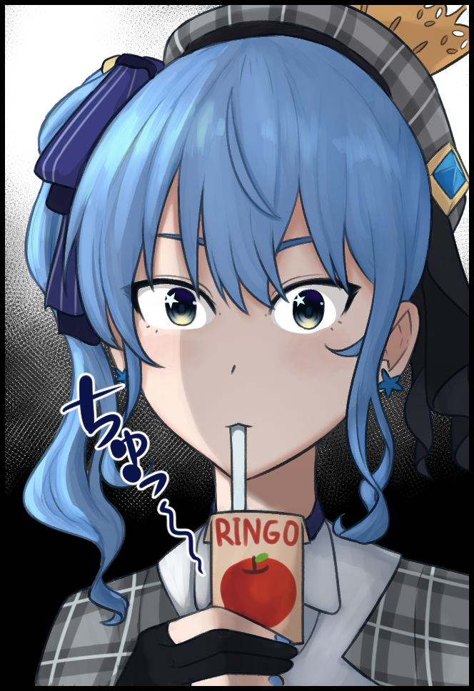 1girl apple_juice bangs beret black_border black_gloves blue_choker blue_eyes blue_hair blue_ribbon border choker collared_shirt crown drinking drinking_straw earrings efreezerarts gloves grey_headwear grey_jacket hair_between_eyes hair_ribbon hat hololive hoshimachi_suisei ijiranaide_nagatoro-san jacket jewelry juice_box looking_at_viewer medium_hair nail_polish parody partially_fingerless_gloves plaid plaid_headwear plaid_jacket ribbon shirt side_ponytail sidelocks solo star_(symbol) star_earrings star_in_eye symbol_in_eye virtual_youtuber white_shirt