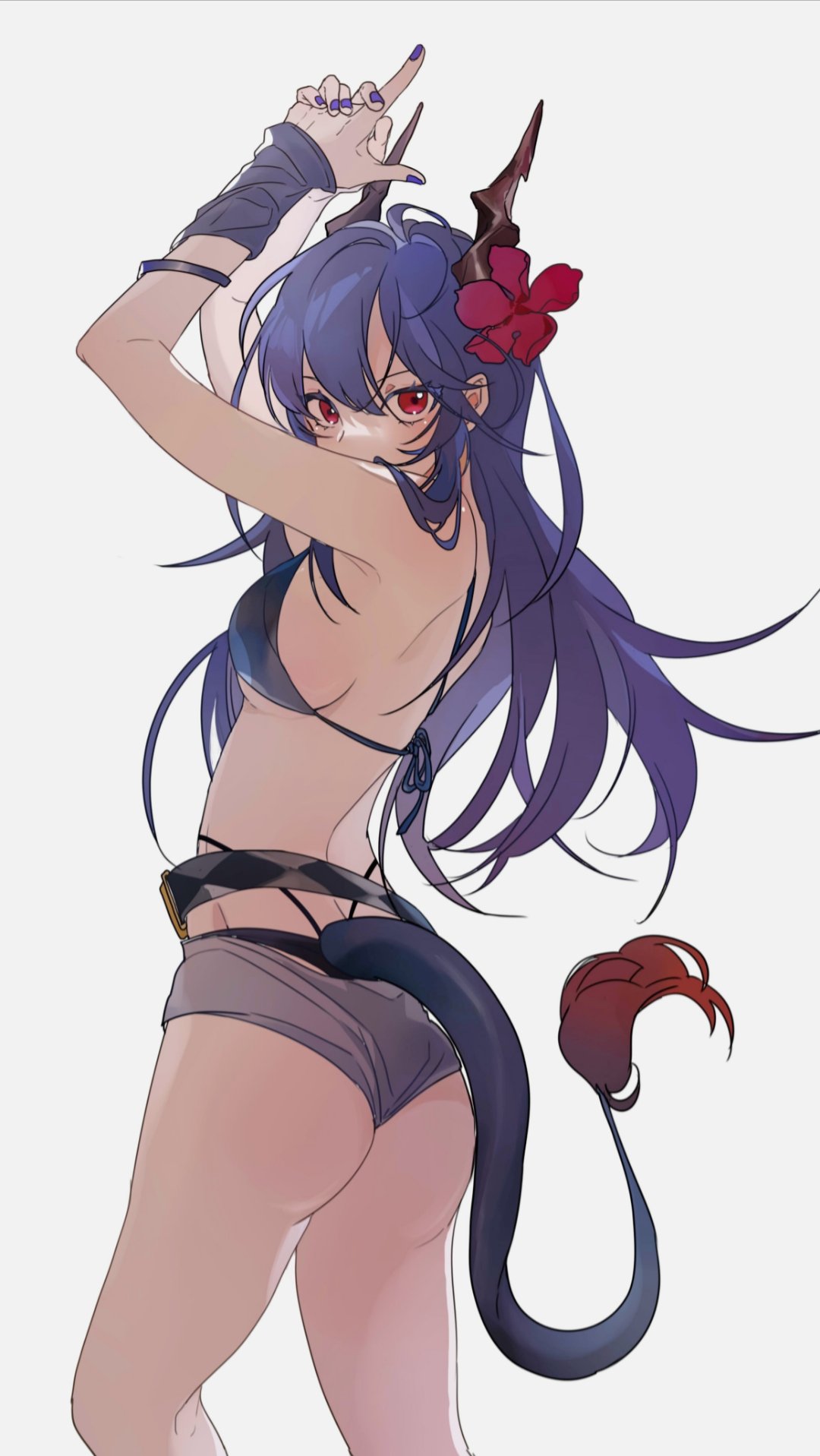 1girl arknights ass back bangs bare_arms bikini bird blue_bikini blue_hair breasts ch'en_(arknights) ch'en_the_holungday_(arknights) dragon_girl dragon_horns dragon_tail feet_out_of_frame finger_gun flower from_behind grey_shorts hair_between_eyes hair_flower hair_ornament highres horns latutou1 long_hair looking_at_viewer medium_breasts multi-strapped_bikini nail_polish official_alternate_costume own_hands_together parrot pink_flower purple_nails red_eyes shorts sky solo standing swimsuit tail